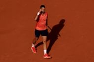 Novak Djokovic celebrates winning match point on Friday against Alcaraz.